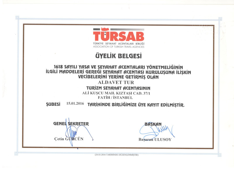 Tursab Üyelik Belgesi